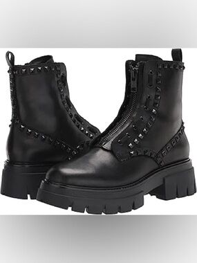 Ash Black Leather Studded Front-Zip Lug Ankle Boots